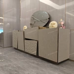 Asymmetrical Beige Sideboard with Embossed Textured Panels, Angled Drawer Fronts and Satin Bronze Frame